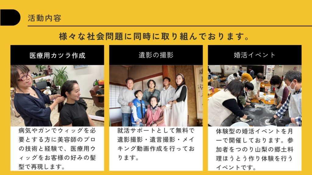 活動内容3列目：ウィッグ〜婚活